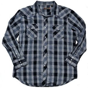 Roper Pearl Snap Button Down Shirt Men’s 2XL Black Blue Plaid Long Sleeve XXL